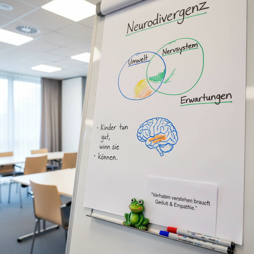 A clean whiteboard in a training room, covered with carefully drawn diagrams about Neurodivergenz: overlapping circles labeled “Umwelt,” “Nervensystem,” and “Erwartungen,” a simple brain sketch with highlighted sensory areas, and bullet points summarizing “Kinder tun gut, wenn sie können.” On the tray rests an orderly row of color-coded markers and a small green frog magnet holding a printed quote about understanding behavior. The room is lit by soft, indirect ceiling lights and a hint of daylight from a side window, creating a neutral, professional ambiance. Photographic realism, shot from a slight side angle to show depth, with sharp focus on the diagrams and frog magnet while the neutral walls and empty chairs fall into a gentle blur, emphasizing reflective learning without depicting any people.