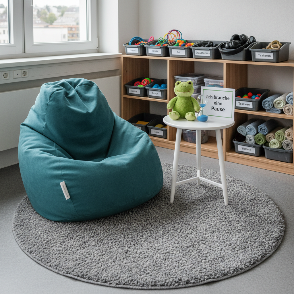 A sensory-aware classroom corner designed for regulation, with a low, soft beanbag chair in calming teal, a textured grey rug, and a small white side table holding a green frog plush, a sand timer, and a laminated “Ich brauche eine Pause” card. Nearby shelves hold neatly labeled bins of fidget tools, noise-cancelling headphones, and textured fabric swatches in muted tones. Natural overcast light falls gently from a high window, creating an even, soothing illumination. Photographic realism, wide-angle view with clear focus throughout, composed using the rule of thirds to emphasize the break area. The mood is safe, understanding, and respectfully clinical, ideal for illustrating supportive pedagogical strategies for neurodivergent children, with no people in the scene.