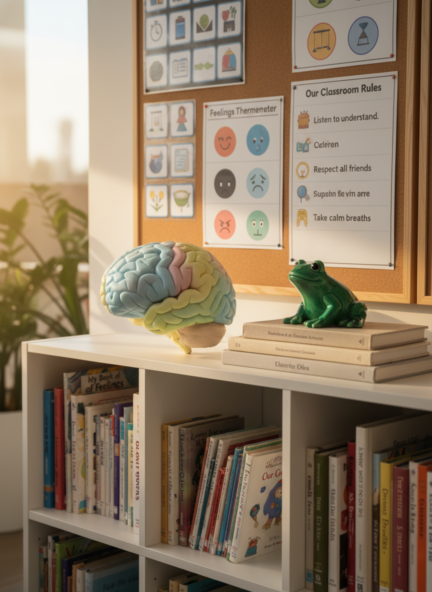 A cozy reading corner in a modern educational setting, featuring a low white bookshelf filled with well-worn children’s books about emotions, diversity, and the brain. On top rests a detailed anatomical brain model in soft pastel colors next to a small, vibrant green frog statue sitting on a stack of neutral-toned textbooks. A large corkboard above the shelf displays printed visual schedules, feelings charts with simple icons, and sensory-friendly classroom rules. Diffused afternoon light from an unseen window creates a warm, professional mood. Photographic realism, shot at a slightly angled eye-level with moderate depth of field, keeps the brain model and frog crisply defined, while the background softly recedes, suggesting a thoughtfully prepared, neurodiversity-affirming learning environment without any human figures.